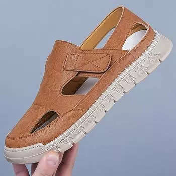 Baotou hole shoes men s one-pedal Velcro casual men s shoes breathable mesh hollow sandals handmade shoes 38