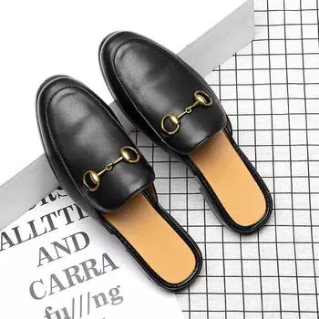 Baotou Интернет знаменитости полупрохладные тапочки мужчины носят плоскую подошву 2025 новые сандалии Muller с пряжкой 36008-G 38 чёрный