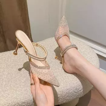 Баотоу крутые тапочки женские новые тонкие каблуки острый носок высокие каблуки стразы тонкий каблук сетка сексуальные шлепанцы сандалии двойного ношения 34
