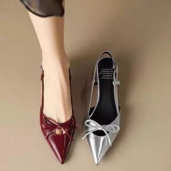 Baotou low heel sandals back empty single shoes women s pointed head high heels summer bow silver stiletto kitten heel 2025 35 бордовый