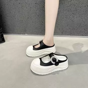 Баотоу Мэри Джейн полушлепки женские летние кожаные на толстой подошве, повседневные ленивые люди педалируют прохладные шлепки 35 чёрный