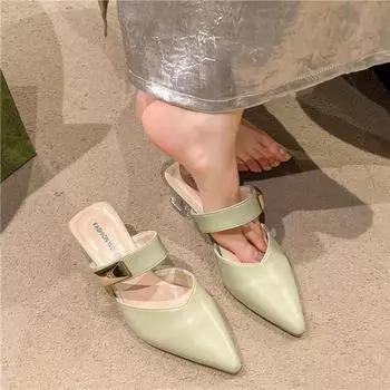 Baotou matcha high-heeled sandals spring new one-word pointed fashion single shoes women s thick-heeled slippers 35