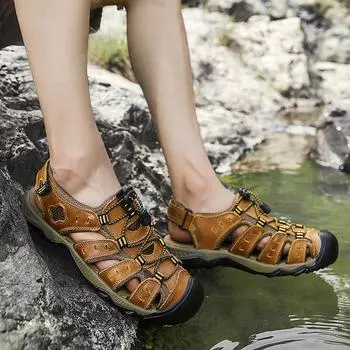 Baotou men s sandals cowhide beach shoes men s open-toed outdoor wear large size 46 47 48 Factory 2026Shoes 38 светло-коричневого