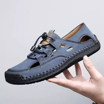 Baotou men s sandals hollow hole leather sandals men s tide driving soft-soled beach shoes casual beach shoes 38 чёрный