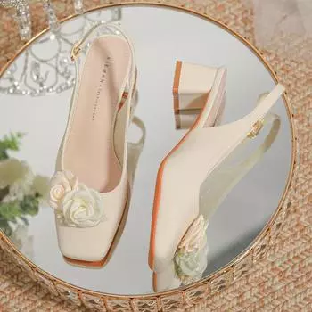 ] Baotou назад пустая квадратная голова носить сандалии женские 2024 весна и лето новые с юбкой цветок высокие каблуки толстый каблук 35 абрикосовый