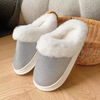 Baotou new matte sequined fluffy slippers warm home non-slip cotton towed piled thickened warm cotton slippers 36-37 чёрный