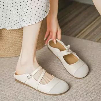 Baotou нежная мягкая подошва с неглубоким носком ретро туфли Мэри Джейн женские летние 2024 новые плоские ленивые полутачные сандалии 35