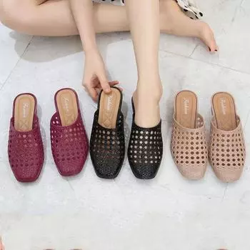 Baotou обувь с отверстиями, летние женские полые тапочки с квадратной головкой, обувь для мам, крутые тапочки, рабочая обувь 40 чёрный