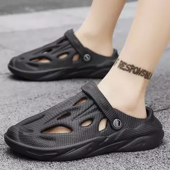 Baotou однотонные дырчатые туфли мужские сандалии с полыми отверстиями для дома и улицы на толстой подошве нескользящие двойные пляжные туфли мужские 39 серый