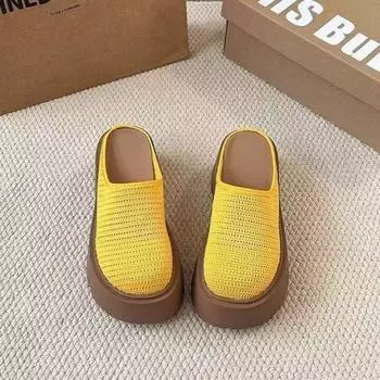 Baotou one-pedal lazy shoes new solid color fly-woven breathable semi-slippers casual platform slippers women 35