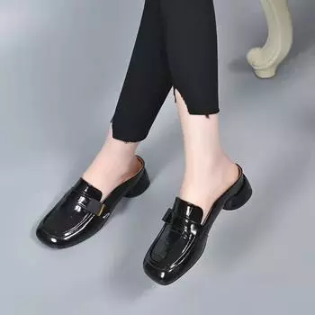 Baotou outer slippers spring and round head low heel cool slippers embossed cow patent leather square buckle 34