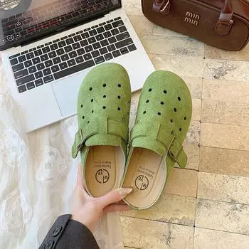Баотоу полушлепанцы женские дырчатые туфли новые ленивые крутые шлепанцы толстая подошва летняя обувь на педали 35 зелёный