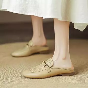 Баотоу полутапочки женская верхняя одежда лето 2025 новые туфли на плоской подошве с пряжкой из кожи с мягкой подошвой ленивые туфли большого размера женская обувь 34