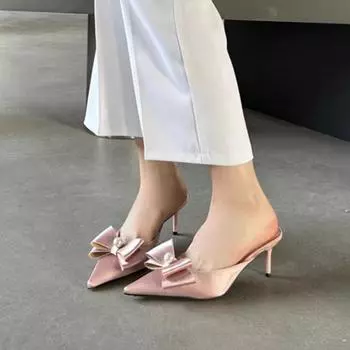 Baotou полутапочки женские 2024 новые летние модные босоножки на высоком каблуке с острым носком, тапочки, сплошные мюли, шлепанцы, обувь 35 розовый