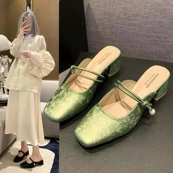 Baotou полутапочки женские летние уличные шлепанцы квадратный носок толстый каблук высокие каблуки сандалии тапочки-мюли жемчужный декор платье обувь 35 зелёный