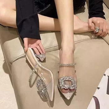 Baotou полутапочки женские летние верхние туфли сандалии со стразами прозрачные хрустальные туфли на высоком каблуке женские туфли на шпильке тапочки на высоком каблуке 35 белый