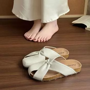 Баотоу полутапочки женские модные новые летние мягкая кожа плоская подошва мягкая подошва темперамент одна нога прохладные тапочки женская обувь 35