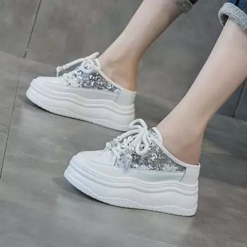 Баотоу полутапочки женские новые дышащие прохладные тапочки носить универсальные толстые подошвы внутри для увеличения высоты женской обуви тренд 33