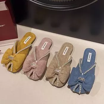 Baotou полутапочки женские верхняя одежда лето новые жемчужный бант плоская подошва модные сандалии на низком каблуке тащить 35 жёлтый