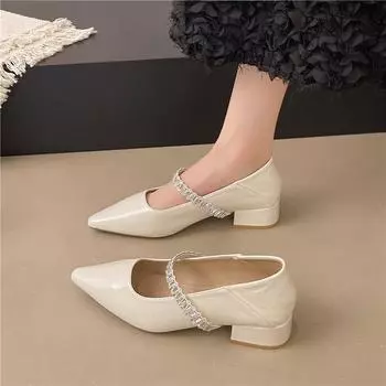 Baotou rhinestone word with sandals women s summer new pointed empty single shoes thick heel Mary Jane shoes 35