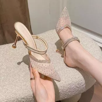 Baotou Sandal Slippers Female Summer Fine Heel Pointed High Heels Rhinestone Mesh Sexy Two Wear Half Slippers Fashion Women Summer Breathable Shoes 35