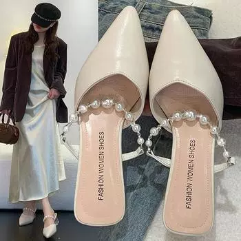 Baotou sandals fairy style summer 2025 new fashion rhinestone thin heel two wear pointed head shallow mouth high heels 35