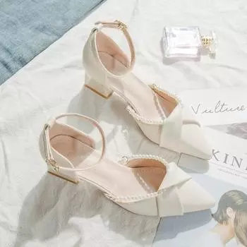 Baotou sandals female summer 2025 new fairy style thick heel pointed head hollow fashion versatile with skirt single shoes 34