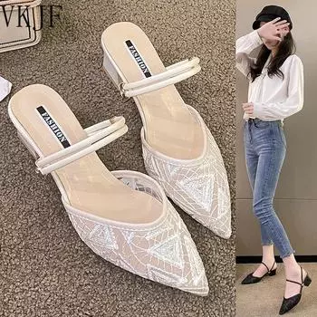Baotou Sandals for Women Summer Thick Heels, 2024 New Middle Heels for Women, Fairy Style Sandals for Women 36