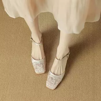 Baotou Sandals Lace Edge New Chinese Style with Thick with A Line with Simple Square Head After Empty Single Shoes Women 35 абрикосовый