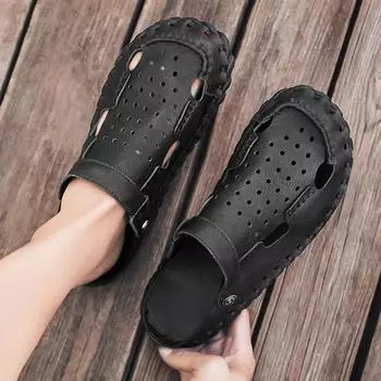 Baotou Sandals Men PU Solid Color Flat Bottomed Hollowed Out Breathable Hand Sewn Soft Bottomed Comfortable Men Beach Sandals 38 бежевый