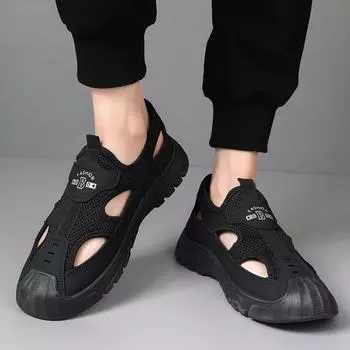 Baotou sandals men s 2024 summer new mesh breathable soft bottom hole shoes men s mesh casual beach shoes 39 чёрный