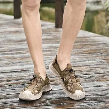 Baotou sandals men s leather breathable hollow hole shoes non-slip beach shoes 38 чёрный