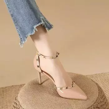 Baotou sandals temperament with skirt 2025 new one-word buckle with sexy rivets pointed high heels women s stiletto 34