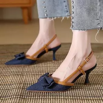 Босоножки Baotou Женские 25 Новые Летние Бант Мелкие Одинарные Туфли Острый Носок Тонкий Каблук Высокий Каблук Женская Обувь 35