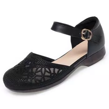 Baotou sandals women s leather fashion summer mesh single shoes hollow low heel hollow women s shoes mesh large size 34 чёрный