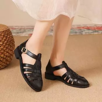 Baotou sandals women s spring and summer new women s shoes one-word buckle belt hollow thick heel low heel Roman shoes retro leather shoes 35 чёрный