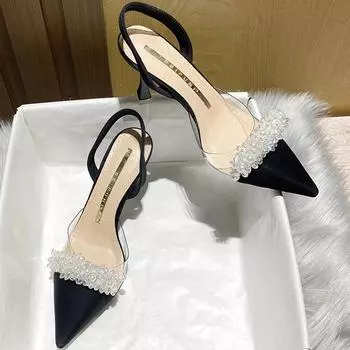 Baotou sandals women s spring summer 2025 new transparent pointed small heel white high heels stiletto single shoes 35 чёрный