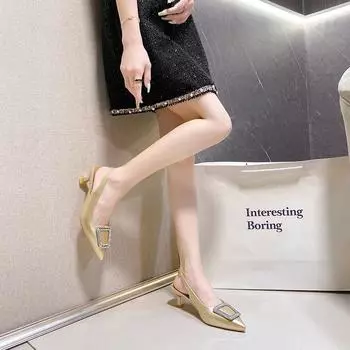 Baotou sandals women s stiletto 2025 new summer French square buckle kitten heel fashion empty single shoes high heels 35 чёрный