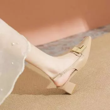 Baotou sandals women s summer new mid-heel thick heel single shoes square head lady high heels genuine leather 34