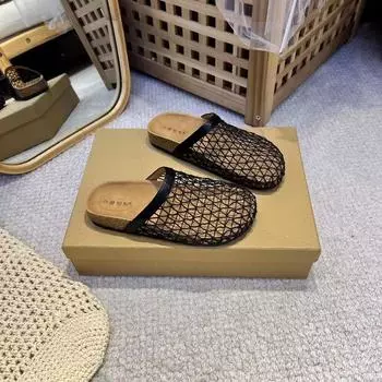 Баотоу шлепанцы на толстой подошве из рыболовной сетки женские лето 2025 новинка пробковые на плоской подошве удобные полые полушлепанцы 35 чёрный