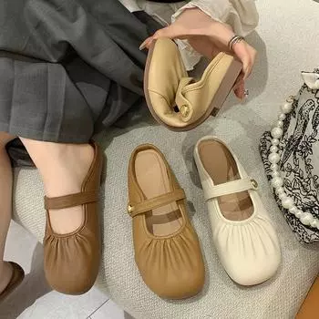 Baotou slippers women s outer wear 2025 spring and summer new retro versatile one-pedal soft-soled pleated flat-bottomed cool slippers 35 бежевый