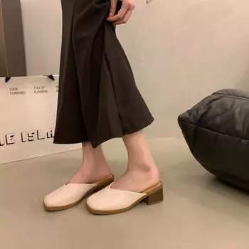 Baotou slippers women s outer wear 2025 spring and summer new high heels solid color square head muller shoes thick heel half slippers women 35