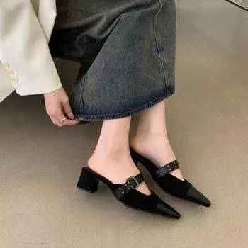 Baotou slippers women s outer wear 2025 summer new French small fragrant style square head shallow mouth Muller half slippers thick heel shoes 35 чёрный