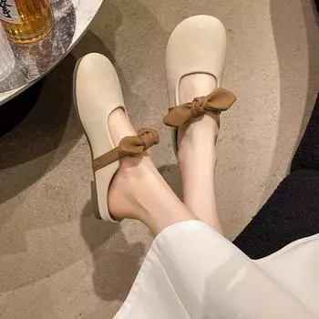 Baotou slippers women s soft-soled outer wear 2025 spring and summer new flat-bottomed gentle bow one-pedal half-drag single shoes 35