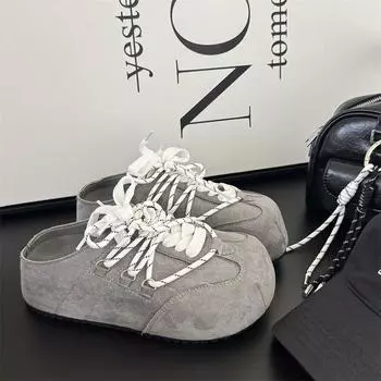 Baotou slippers women s summer new leather platform heightening shoes versatile retro half slippers women 35 серый