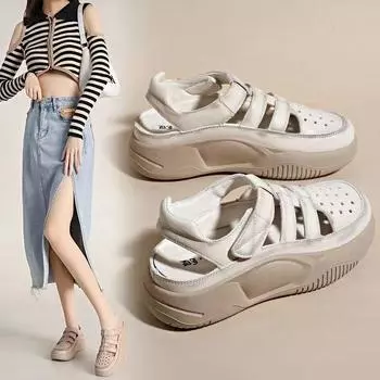 Baotou sports sandals women s 2024 summer new fashion soft-soled women s shoes retro hollow thick-soled heightening Roman sandals 35 хаки