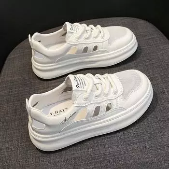 Baotou Sports Sandals Women s Hollow Breathable Hollow Shoes Summer New Толстая подошва Leather Mesh White Board Shoes 35
