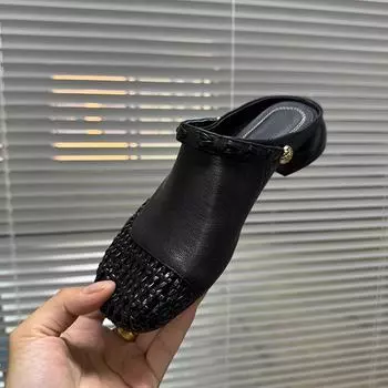 Баотоу Тапочки Осень Новые Круглый Носок Глубокий Вырез Металлическая Пряжка Мягкая Подошва Нескользящие Туфли на Блочном Каблуке 35 чёрный