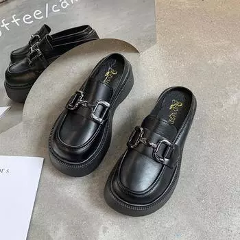 Баотоу тапочки женские весна и осень новые уличные маффины полутапочки без каблука платформа модная обувь женская 35 чёрный