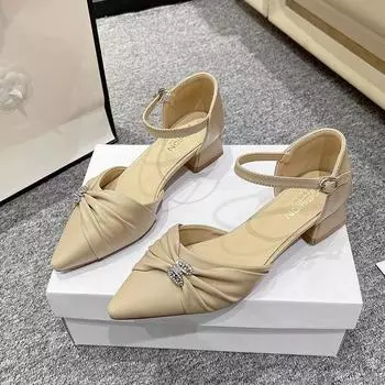Баотоу Сандалии на толстом каблуке Весна Новые Остроносые Мелкая посадка Кристальная пряжка Узел-бабочка Линия с обувью на низком каблуке 35